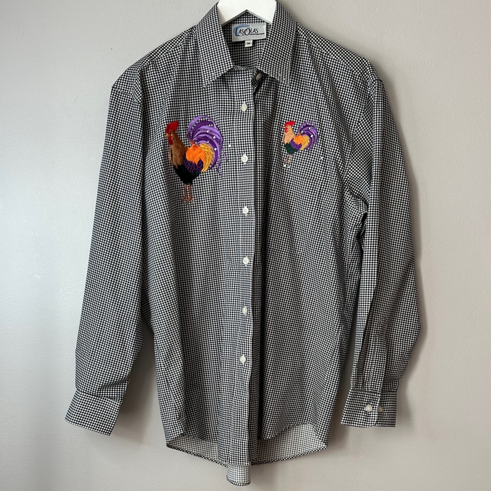Las Olas brand button-down shirt black white gingham embroidered rooster M